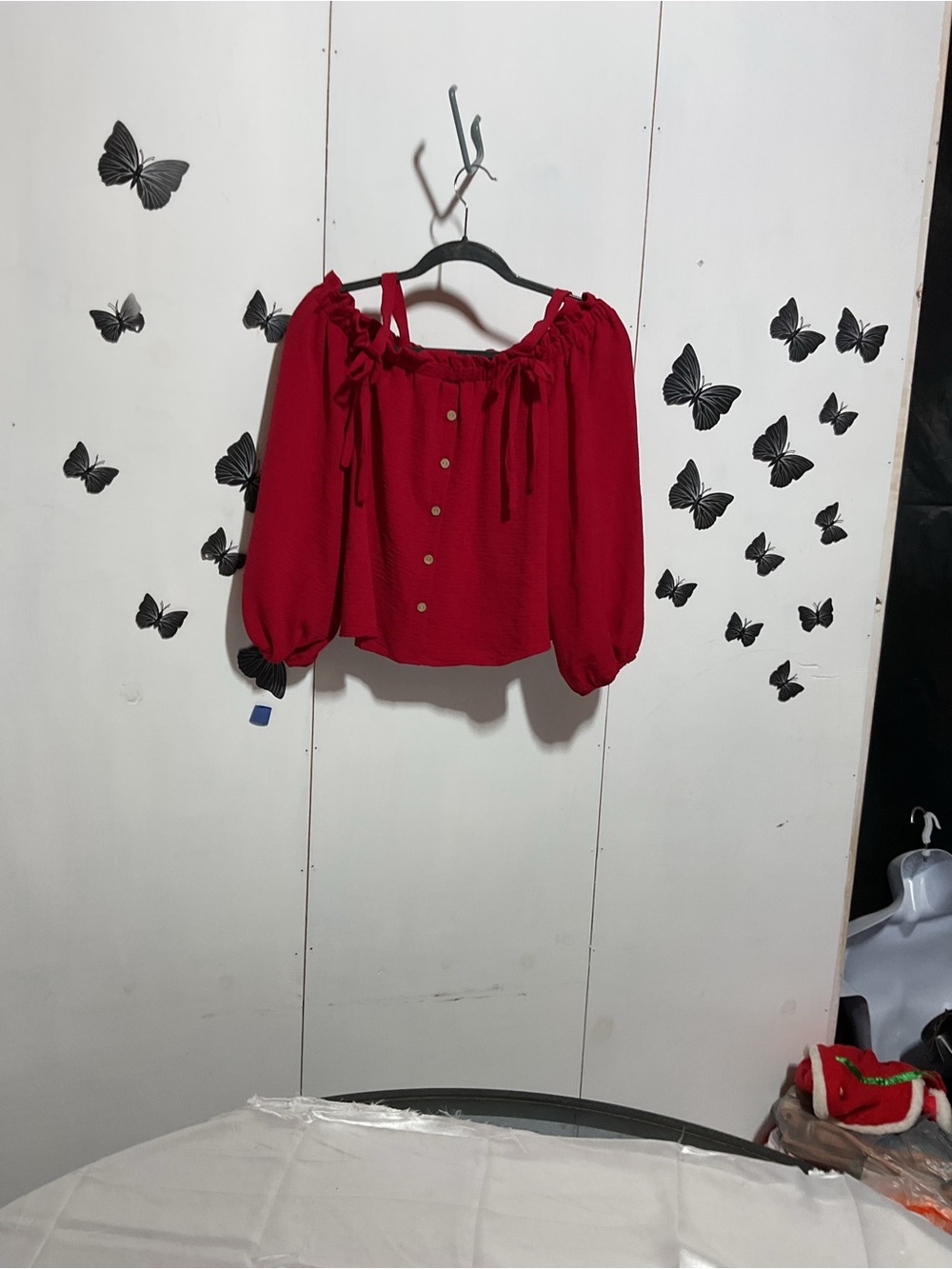Red Off-Shoulder Button-Front Women's Top